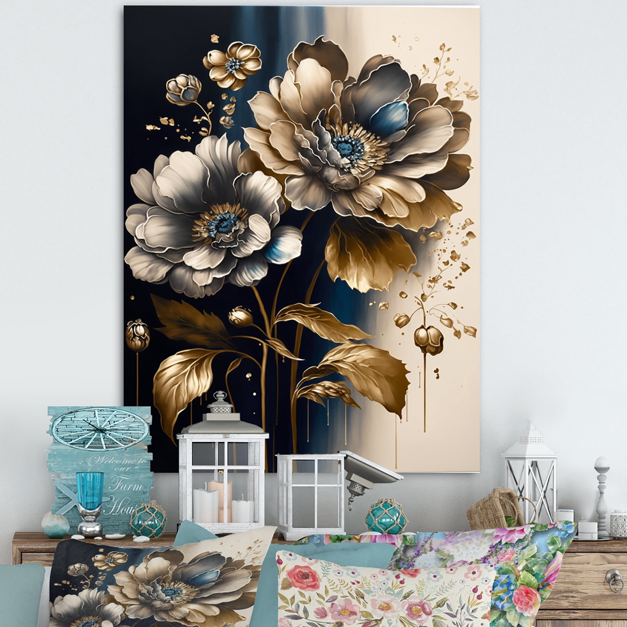 Designart Blue And Gold Zinnia Flowers I Canvas Wall Art