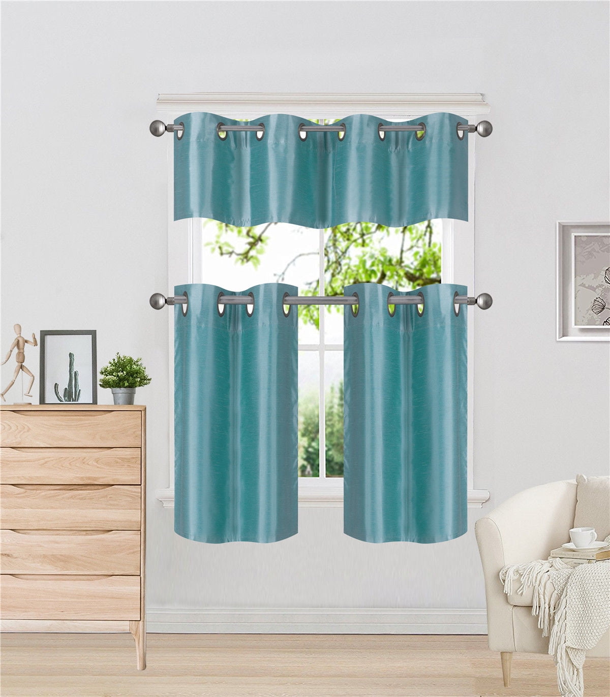 3 Pcs Solid Color Blackout Short Curtain Drape Valance Panels Kitchen Room Decor 