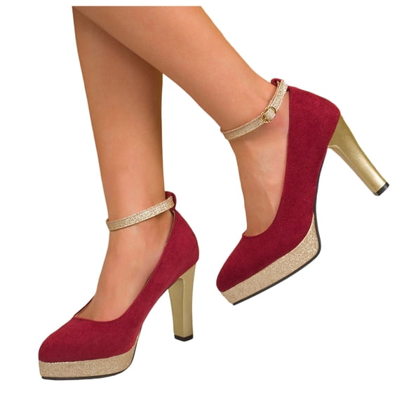 Purcolt Women's Chunky Sole Heeled Pumps Elegant Faux Suede Color Block Pointed Toe High Block Heel Dress Shoes with Ankle Strap