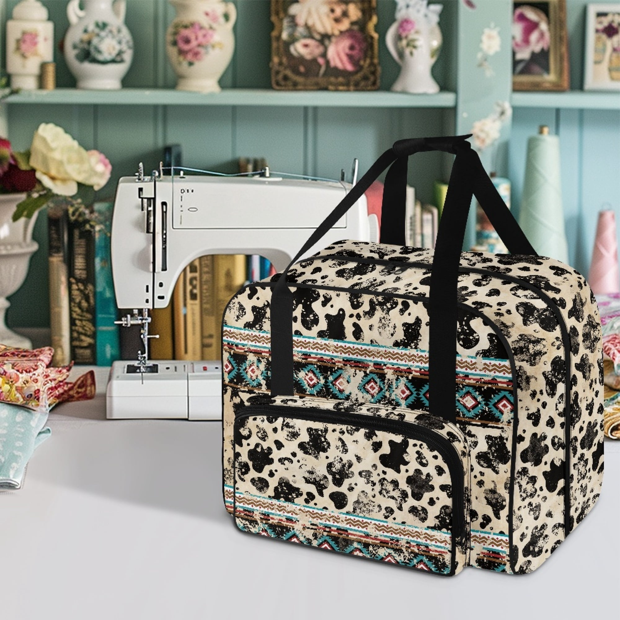 ZIATUBLE Aztec Southwest Carry Tote Bag Cow Print Sewing Machine Organizer with Storage Pocket Traveling Bag with Zipper Lightweight Sewing Machine Needle Storage Case Home Decor