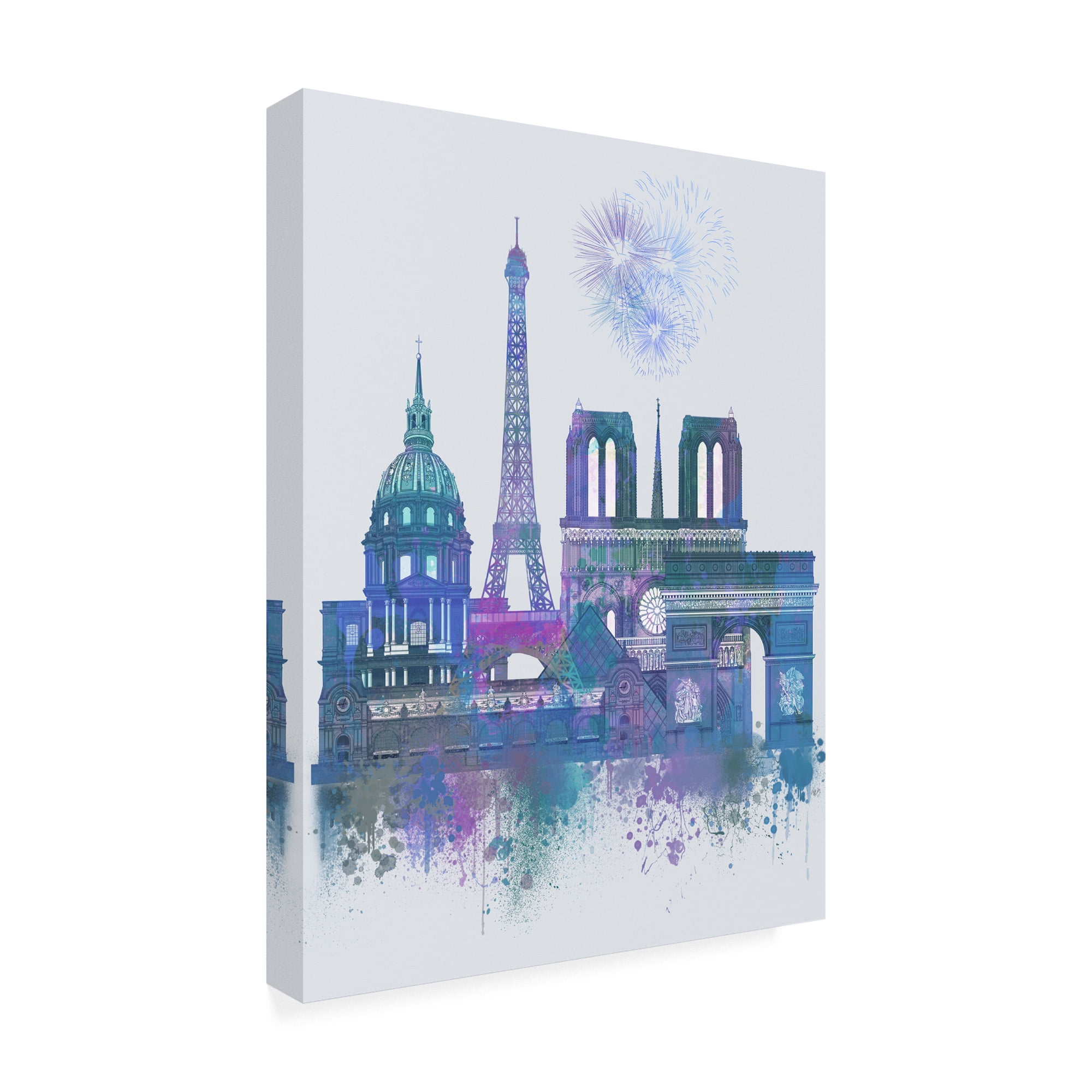 Trademark Fine Art 'Paris Skyline Watercolor Splash Blue' Canvas Art by Fab Funky
