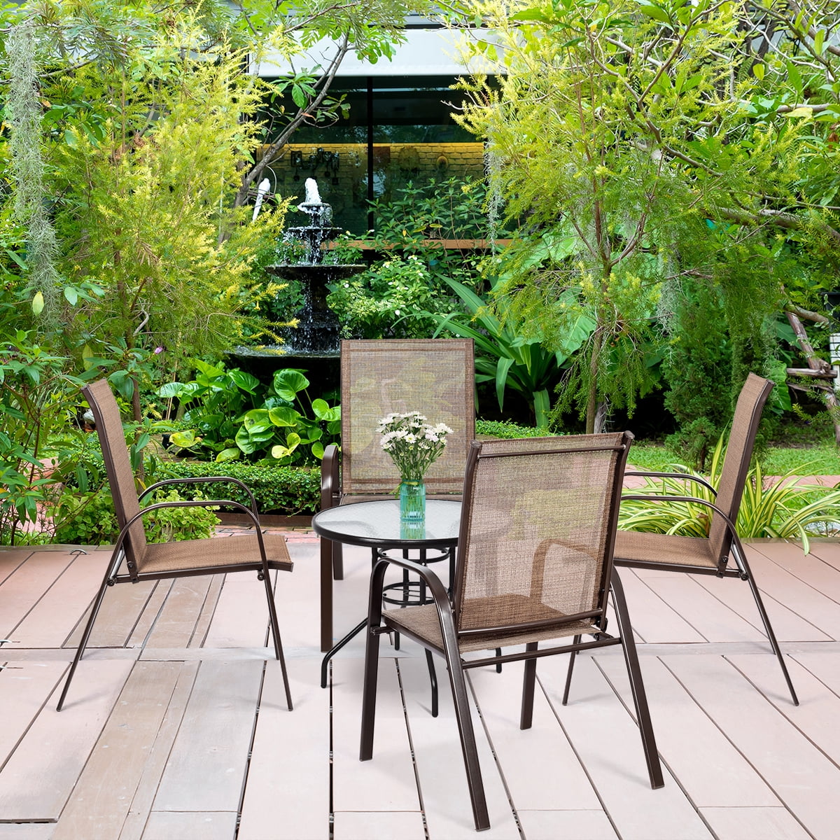 Costway 4PCS Patio Chair Dining Chair Garden Deck Yard W/Armrest Brown