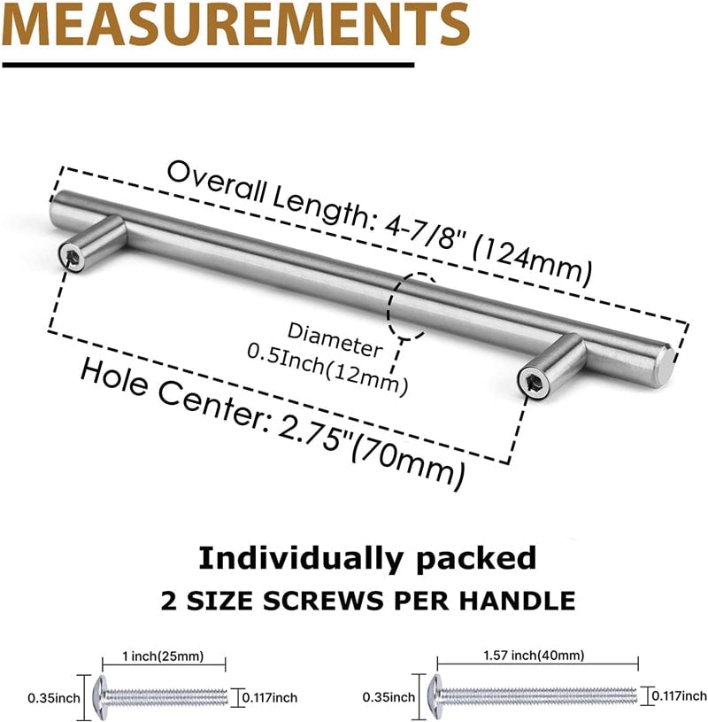 Fitviso 10 pack 2.75"(70mm) Center to Center Euro Bar Brushed Nickel Cabinet Handle