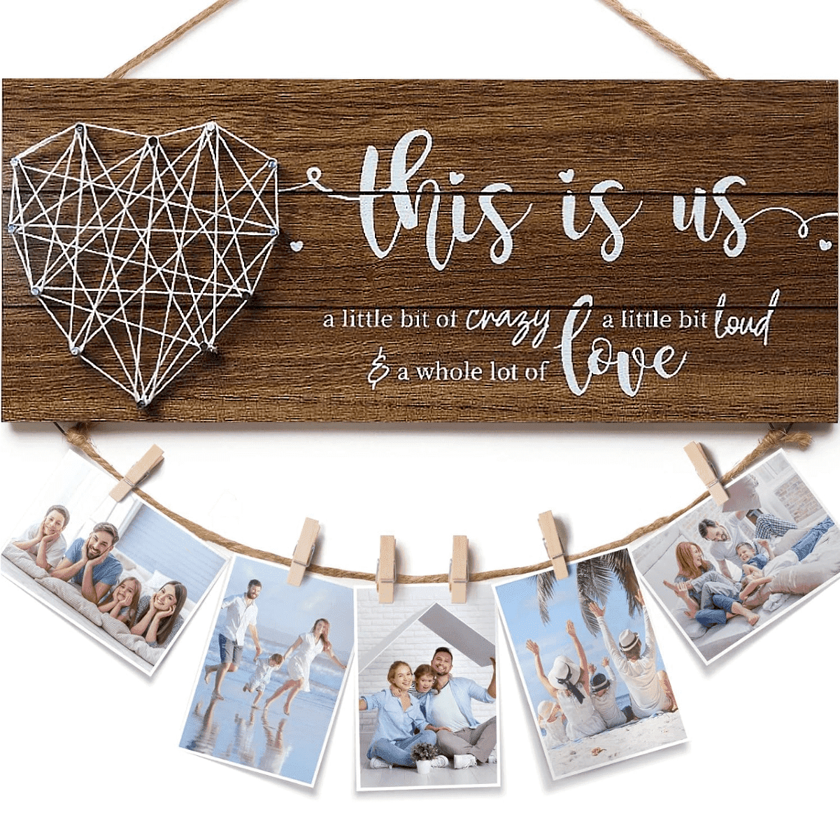 Mother's Day Gifts for Mom Women, Housewarming Gifts New Home Wall Decor Sign, This Is Us Family Picture Frame Wedding Gifts for Couples Farmhouse Rustic Wood Hanging Photo Holder New Homeowner Gifts