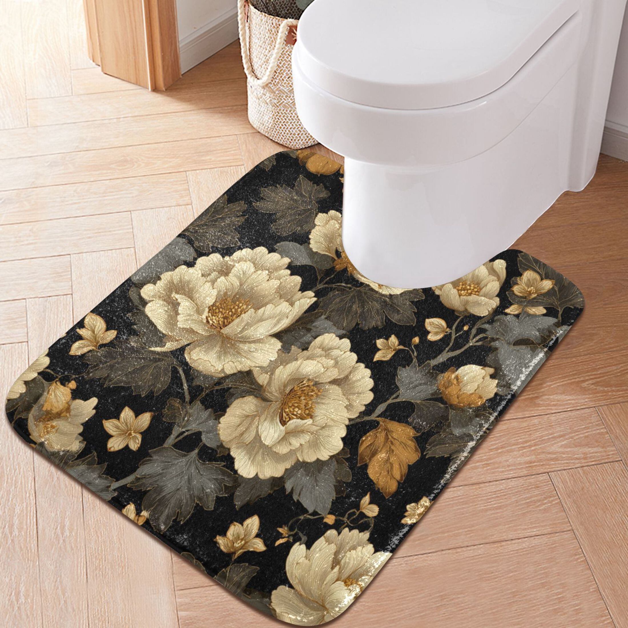 2 Piece Bath Mat Set with U-Shaped Toilet Mat and Rectangle Bath Rugs Non Slip Machine Washable Bathroom Mats Elegant Beige Floral