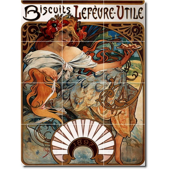 Ceramic Tile Mural-Alphonse Mucha Poster Art Kitchen Tile Mural 19. 12.75" w x 17" h using (12) 4.25 x 4.25 ceramic tiles