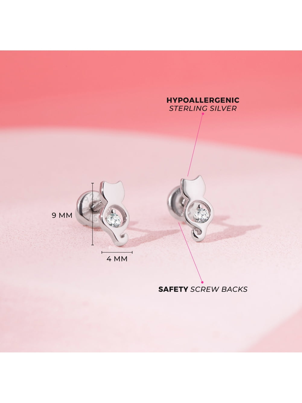 CZ Kitty Friend Baby / Toddler / Kids Earrings Screw Back - Sterling Silver