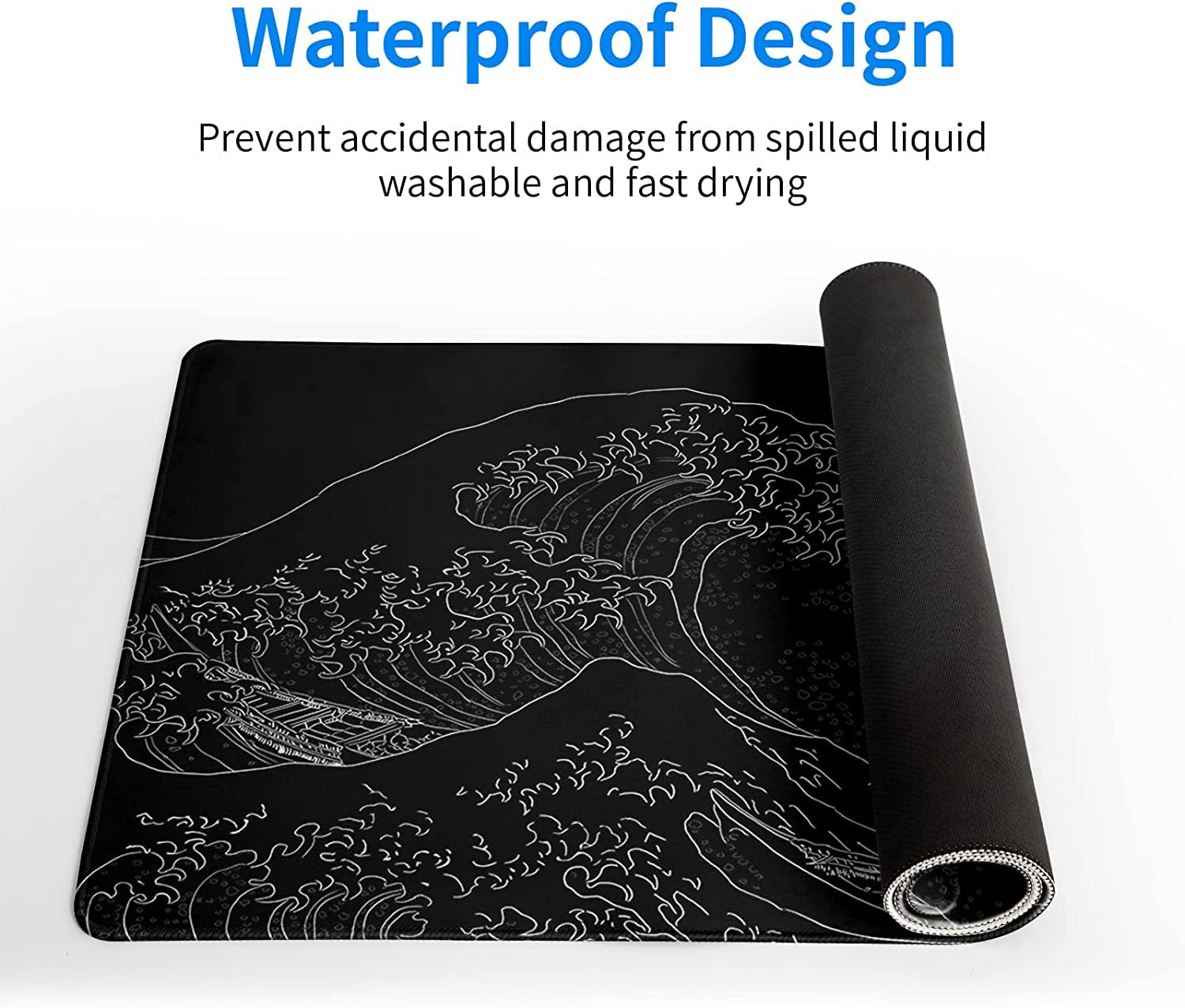 Japanese Sea Wave Large Mouse Pad, Anime Black Gaming Mouse Pad Extended Kanagawa Mouse Mat Desk Pad, 3mm Thick Long Non-Slip Rubber Base Mice Pad, 31.5 X 11.8 Inch