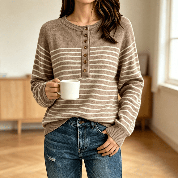 Women's Striped Henley Knit Sweater Long Sleeve Button Crew Neck Pullover Top, M