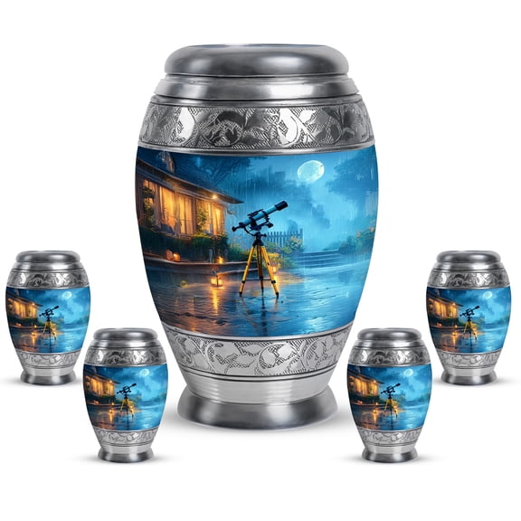JAGASY Telescope Combo Urns for Human Ashes, Blue Small Urn for Ashes Adult Male, Rainy Sky Decorative Large Urns for Couple, House Keepsake Cremation Urn for Mom & Dad, (1 Large, 10" & 4 Small, 3")
