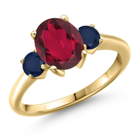 Gem Stone King 18K Yellow Gold Plated Silver Ruby Red Mystic Quartz and Blue Sapphire Engagement Ring for Women | 2.50 Cttw | Oval 9X7MM | Gemstone Birthstone | Size 8
