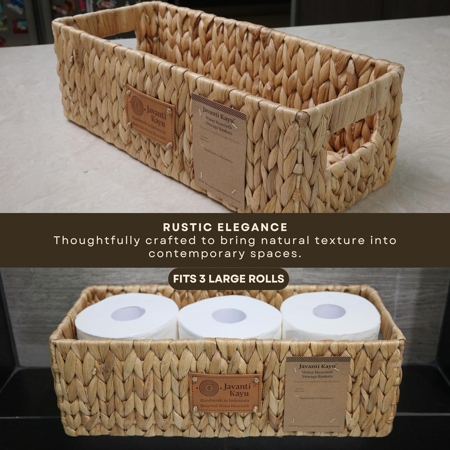JAVANTI KAYU - Handmade Water Hyacinth Wicker Storage Basket with Handles – Rectangle Organizer Bin for Shelves, Blanket, Bathroom, Closet – Stackable – Decorative & Durable (Long: 15" x 6.7" x 5")