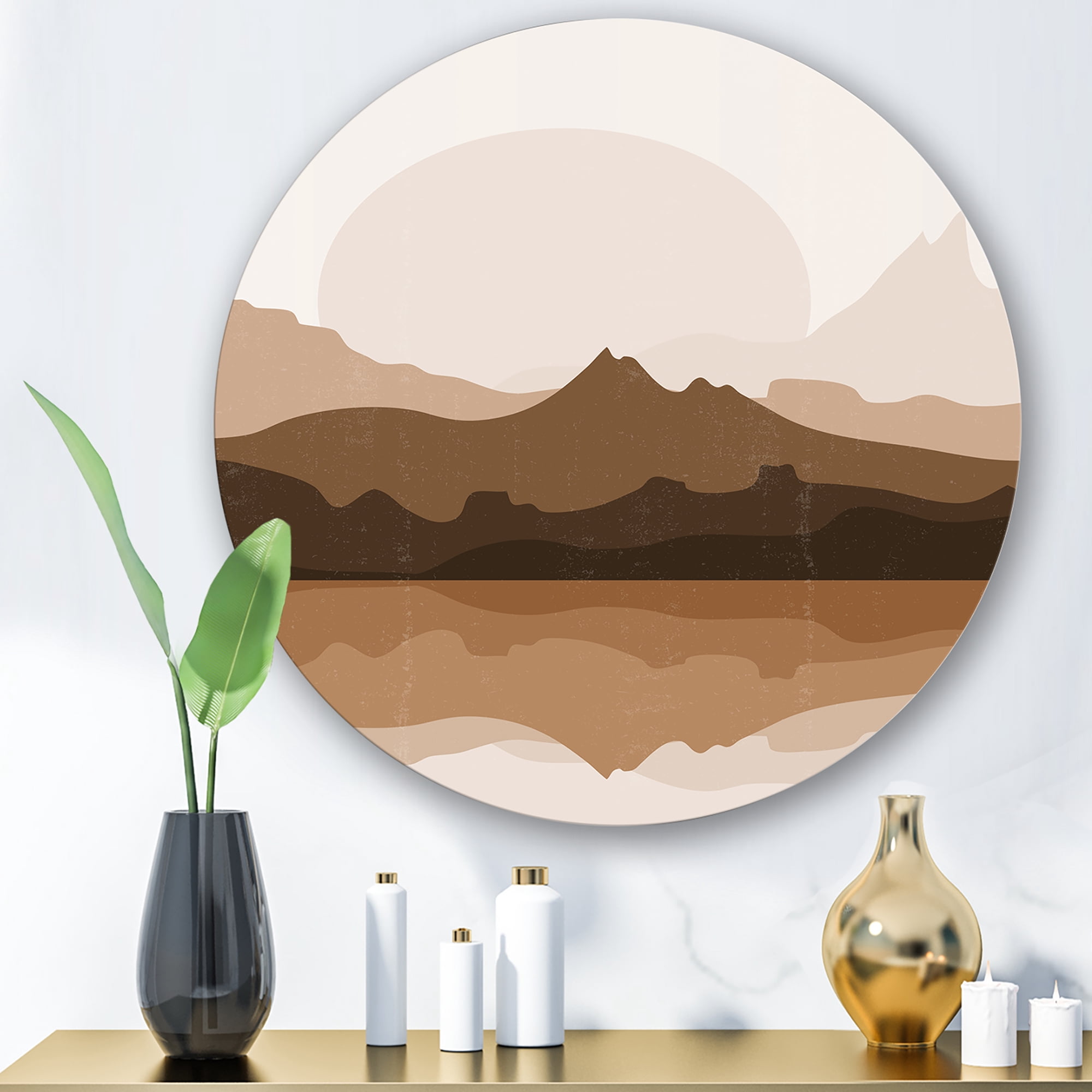 Designart 'Minimalist Brown Terracotta Landscape' Modern Circle Metal Wall Art 23x23 - Disc of 23