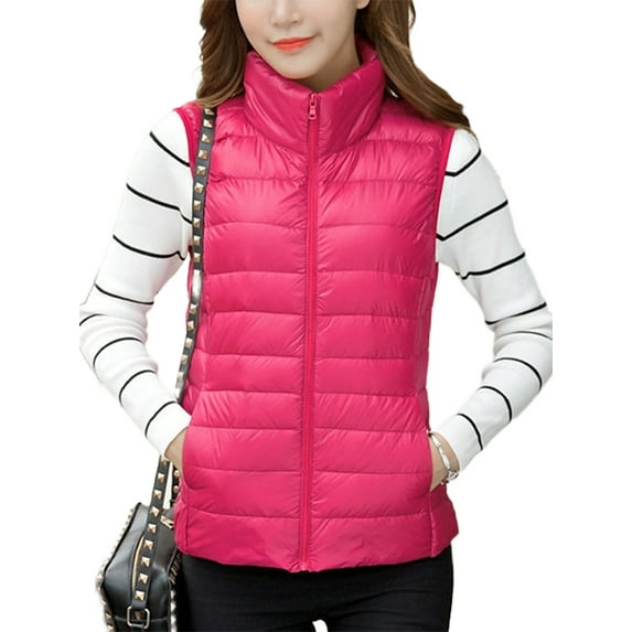 Lumento Women Outwear Stand Collar Down Jackets Long Sleeve Puffer Vest Casual Waistcoat Sleeveless Rose Red S