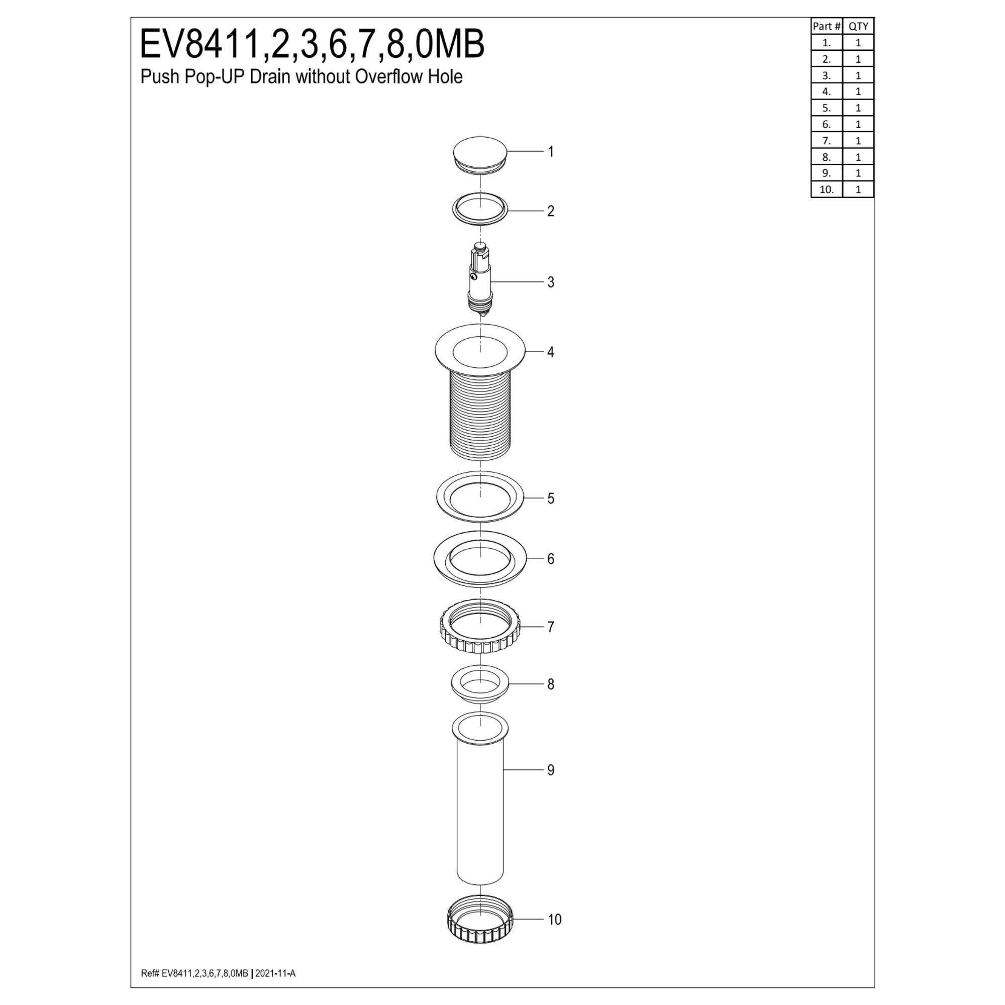 Kingston Brass EV8411 Coronet Brass Push Pop-Up Bathroom Sink Drain in Polished Chrome