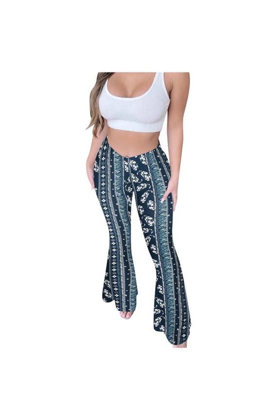 APEXFWDT Boho Flare Pants for Women Womens Stretchy Wide Leg High Waist Bell Bottom Flare Pants Retro 70s Floral Legging