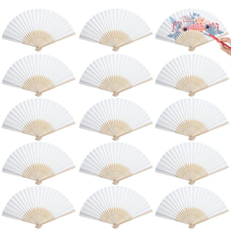 60pcs White Hand Fans Bamboo Silk Cloth Foldable DIY Handheld Fans