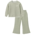 thumbnail image 4 of HILEELANG Girls 2 Piece Outfit Set, Bow Detail Long Sleeve Top & Flare Pants, Scallop Trim, Sage Green, Sizes 3-8 Years, 4 of 18