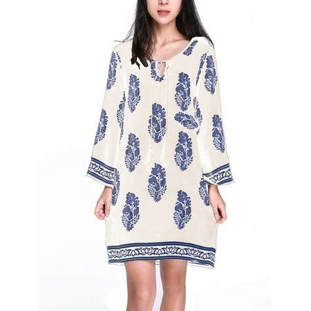 Drape Neck Mini Dress - Women Floral Printed 3/4 Sleeve Retro V Neck Loose Short Mini Shirt Dress