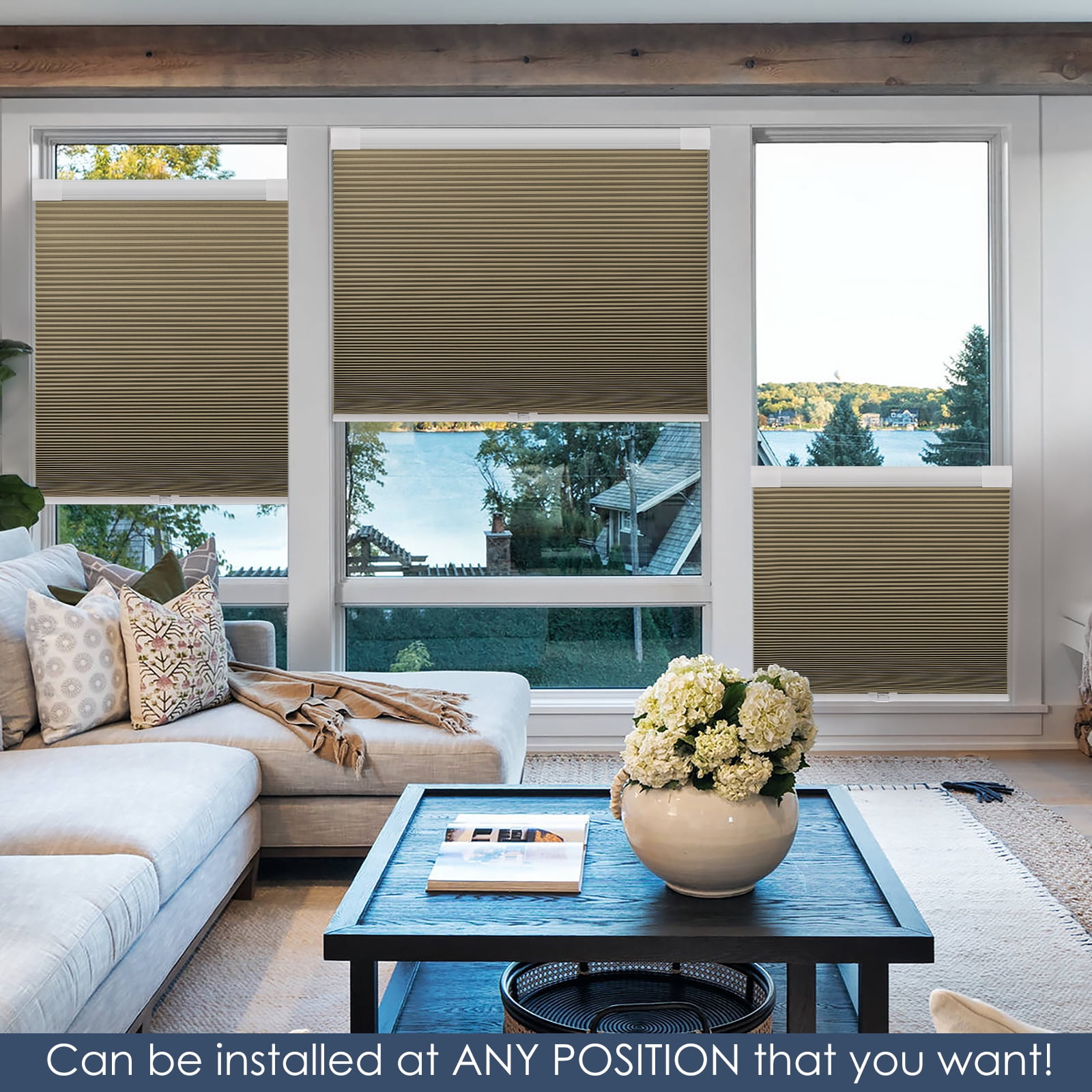Keego No Drilling Cordless Cellular Shades Honeycomb Window Blinds Easy Installation Heat Insulating Noise Reducing Curtains Blackout Tan, 57.0"w x 70"h