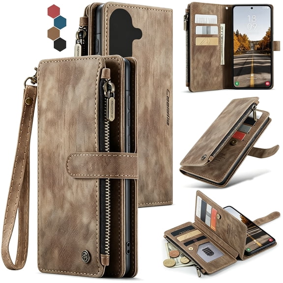 GJX Compatible with Galaxy A37 5G Wallet Case with Card Holder Kickstand Magnetic Zipper Pocket Lanyard Strap Wristlet,Leather Flip Case Wallet for Galaxy A37 5G 6.7 Inch (Brown)