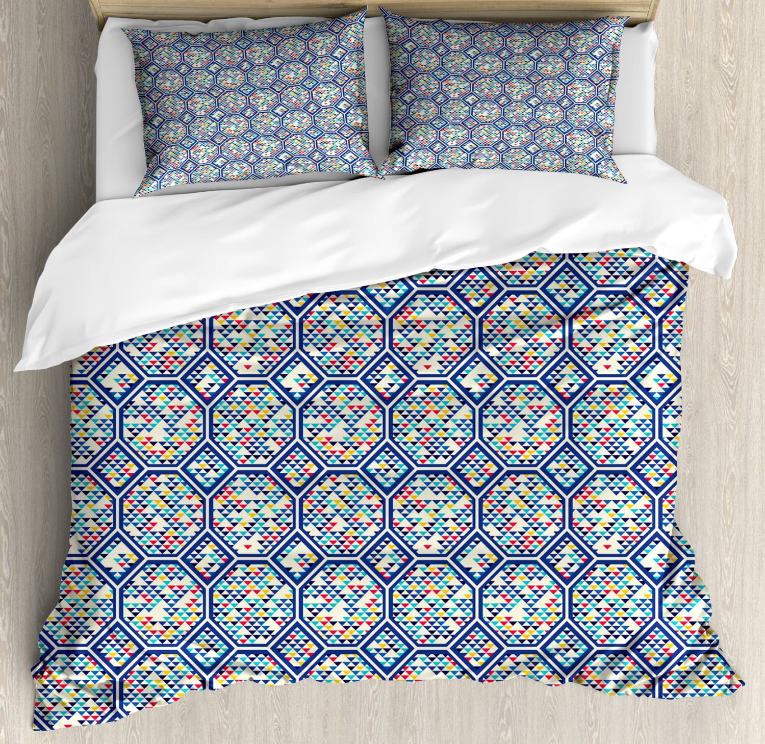 Geometric Queen Size Duvet Cover Set, Abstract Pattern of Triangles and