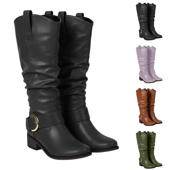 Pandaie Women's Knee High Boots Wide Calf Cowgirl Cowboy Western Booties Round Toe Chunky Heel Pull on Slouchy Boots Black 6