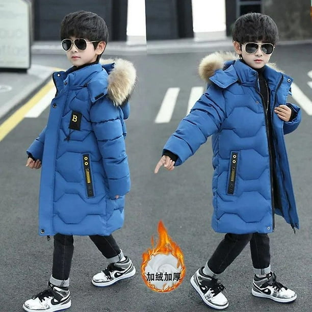 Fance Boys Padded Coat Long Parka Hooded Warm Student Kids Jacket Winter Outercoat Blue Other