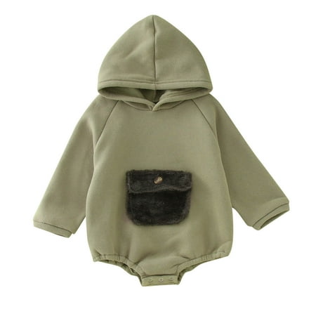 

Baby Boys Girls Winter Long Sleeve Hoodie Romper Bodysuit Clothes Solid Color Pocket