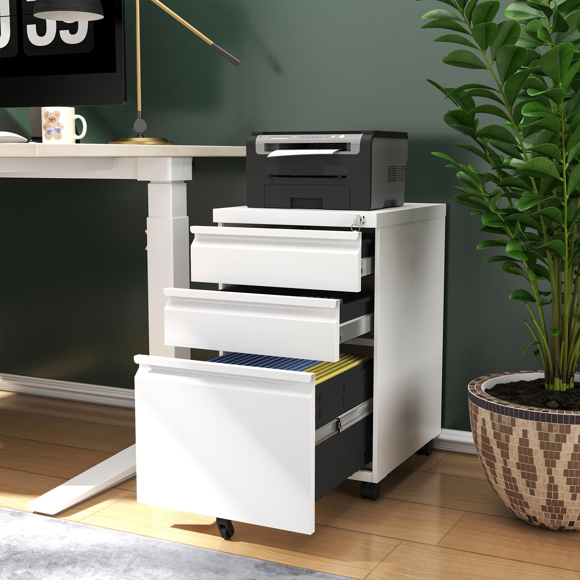 IKIMI 3 Drawer Metal Mobile File Cabinet Under Desk Vertical File Cabinet with Lock on Wheels Office Rolling Storage Cabinets for Legal/Letter/A4 File Fully Assembled