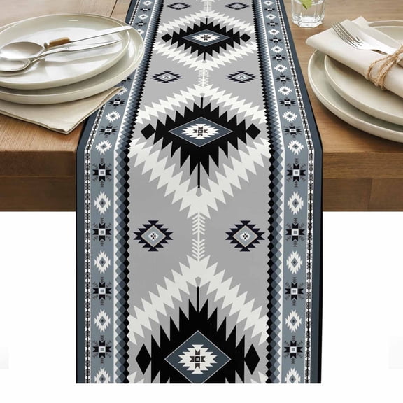 Haze Blue Boho Table Runner - 72 Inch Long, Kitchen Dining Table Runner Dresser Scarves, Farmhouse Retro Southwest Aztec Motifs Farmhouse Decor for Coffee Tables Wedding Party Banquet