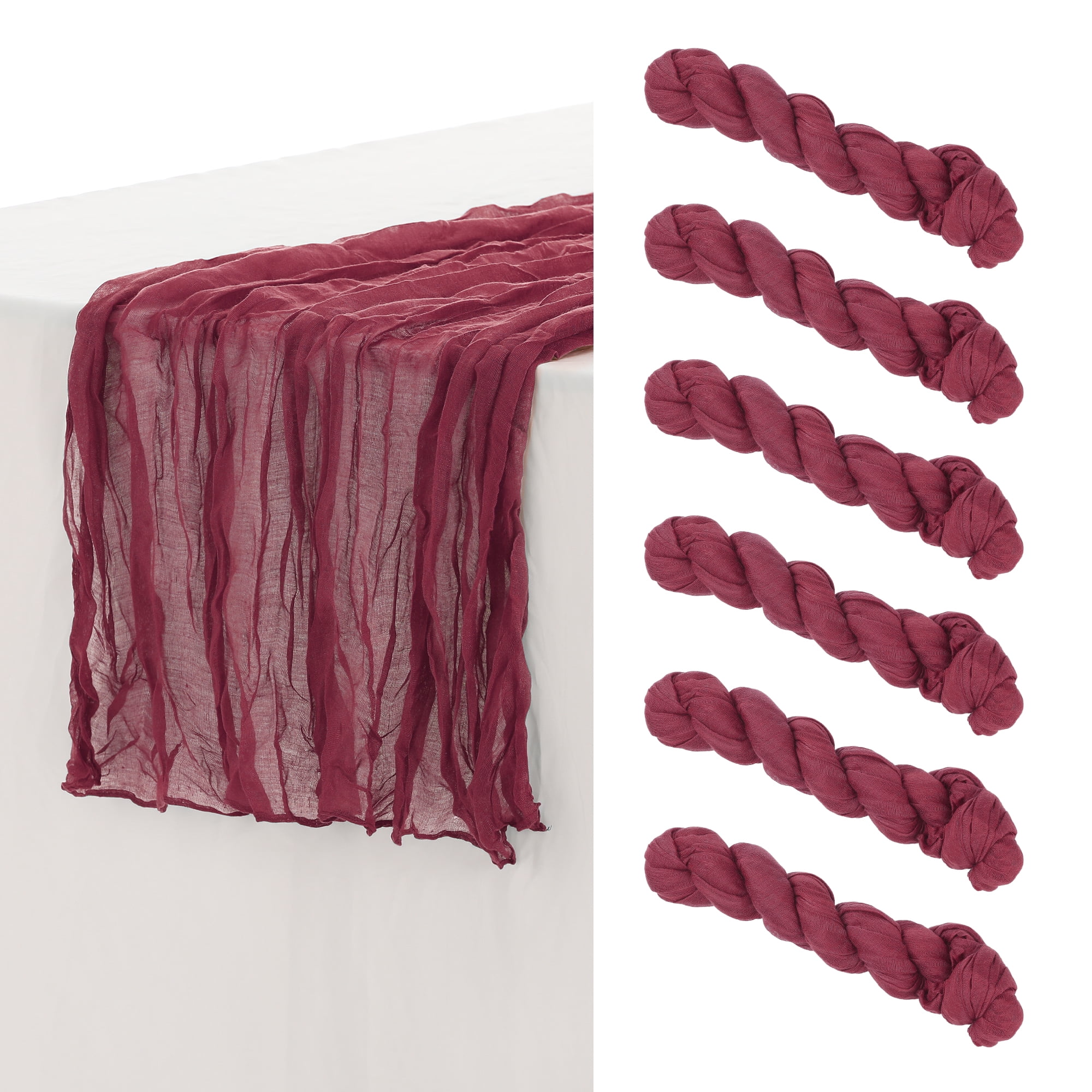 Unique Bargains Solid Color Table Runner Crinkle Fabric Table Banner (6 Count) Wine Red 35"x118"