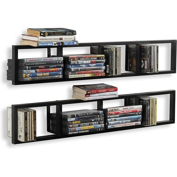 Wall Mount 34 Inch Media Storage Rack CD DVD Organizer Metal Floating Shelf Set of 2 Black