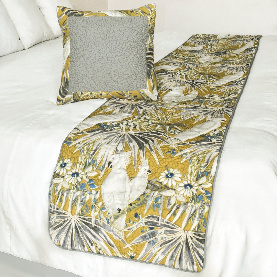King / Queen / Twin Grey & Yellow Decorative CA King 86"x18" Bed Runner With Pillow Cover, Cockatoo Bird & Quilted Bed Scarf on Cotton fabric - Cockatoo Love