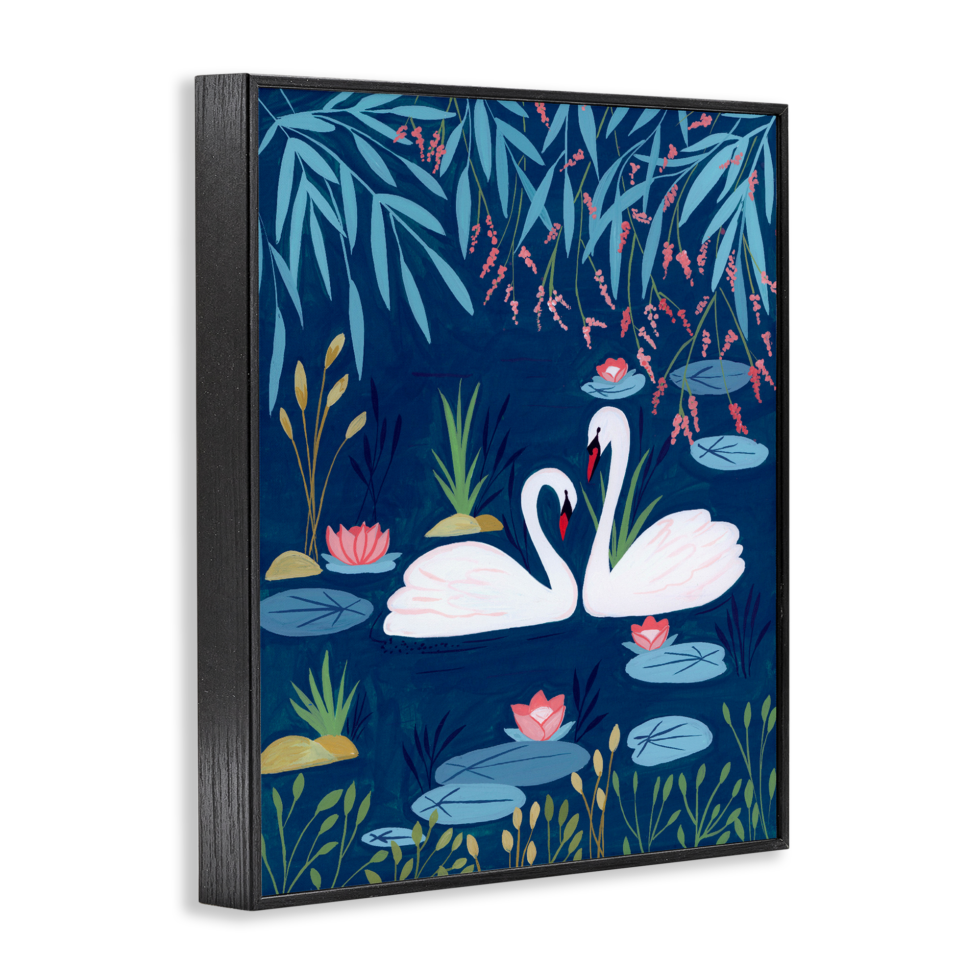 Swan Pair on Blue Pond Black Framed Giclee Art, design by Nabeela Rumi