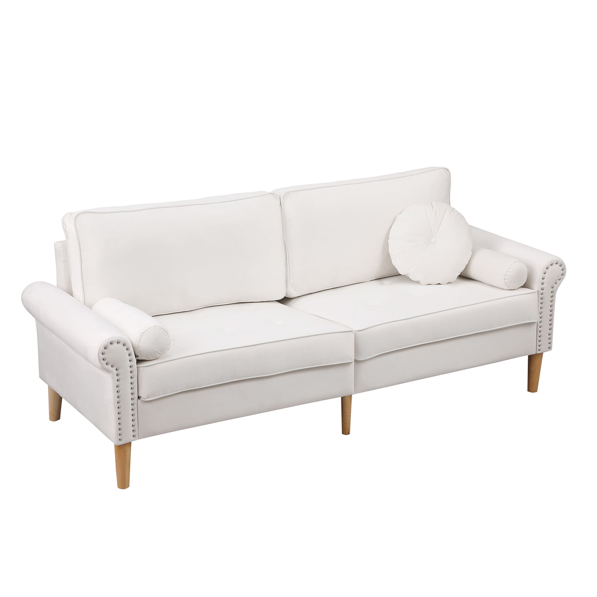 Aukfa 77.2" Sofa Couch, 3-Seater Sofa with Copper Nail and 3 Pillows, Velvet Loveseat for Living Room - White