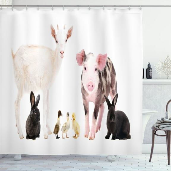 Ambesonne Farm Animal Shower Curtain, Ducks Pig Goat Bunnies, 69"Wx70"L, Multicolor