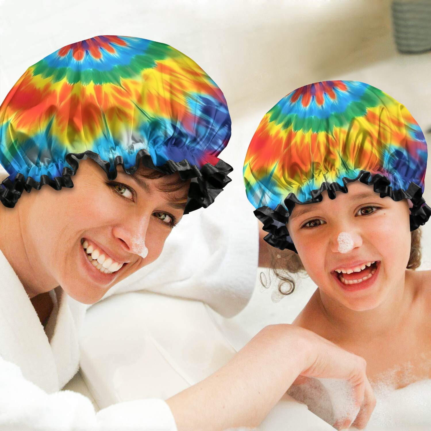 Shower Caps,Colorful Rainbow Tie Dye Spiral Pattern Waterproof Shower Cap for Women 4 Pieces,Double Reusable Hair Cover for Shower PEVA Elastic Stretch Hem