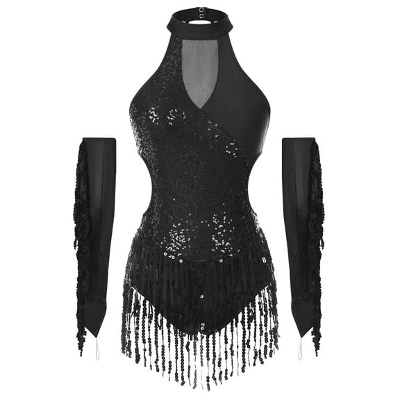 Aislor Women's 2 Piece Salsa Samba Latin Dance Costume Sequin Bodysuit Tops with Fringe Gloves Black L