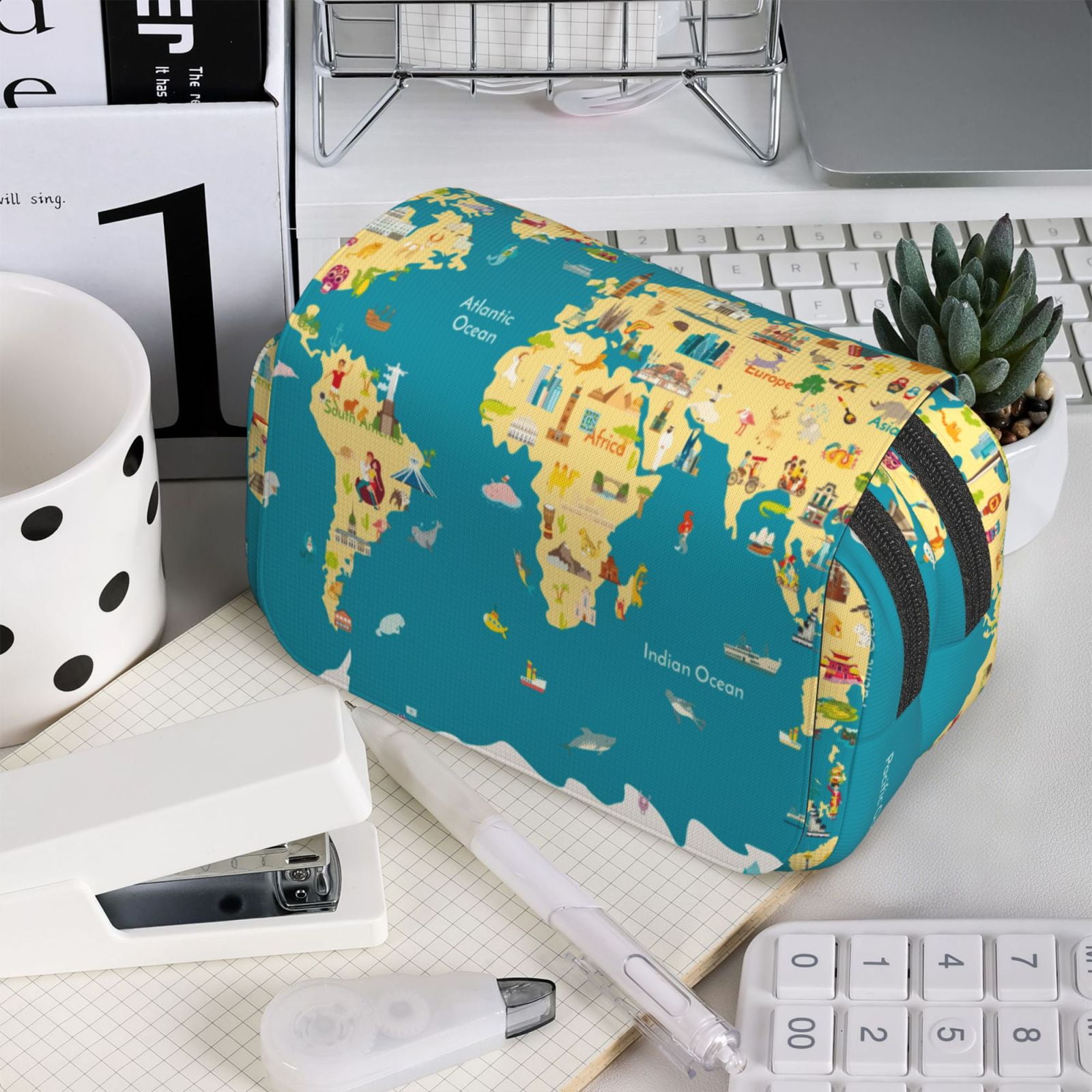 Rateoe World Map With Landmarks Pattern Double Clamshell Pen Case, Storage Organizer with Two Zipper Compartments– Holds Up to 50 Pencils & Pens