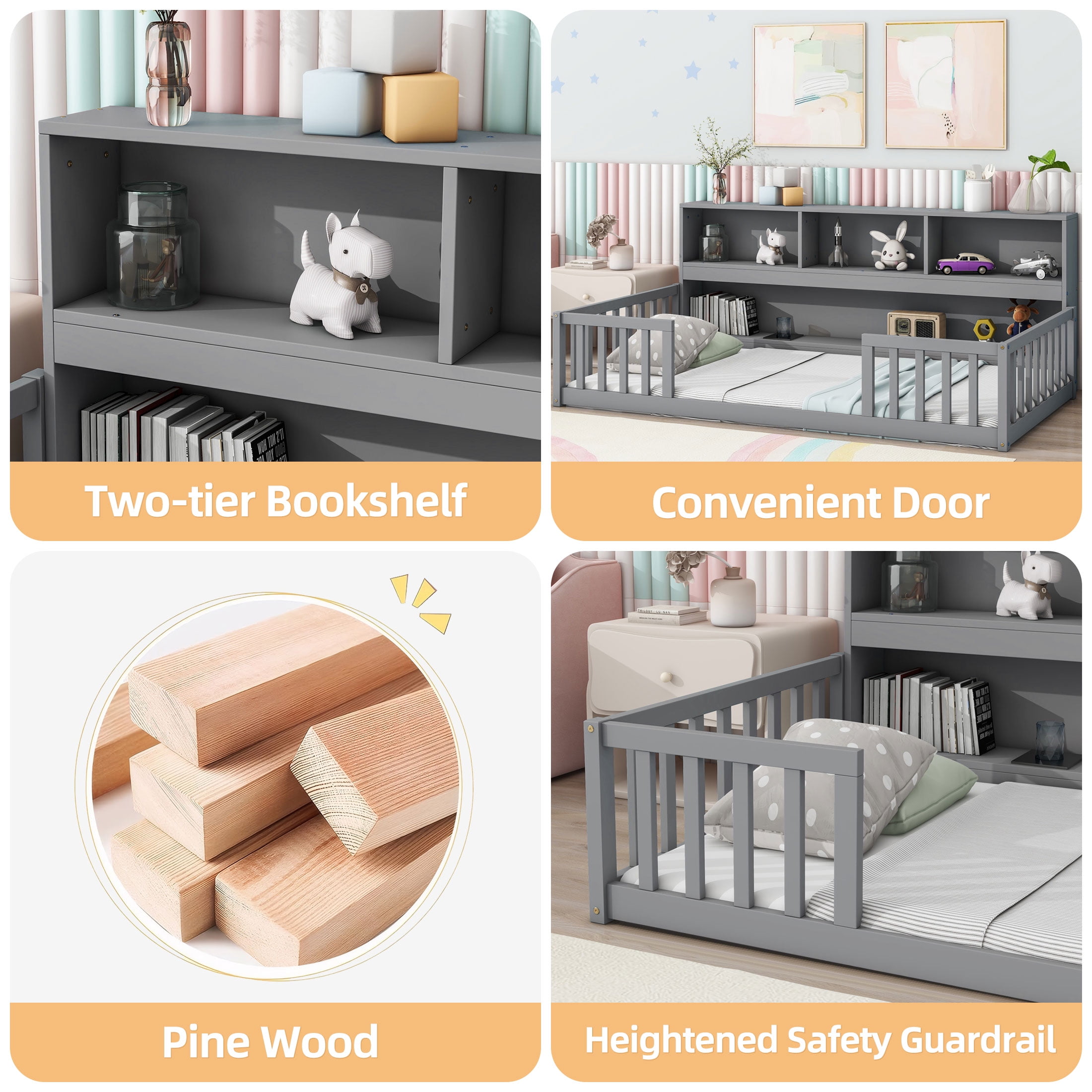 PORKISS Standard Pine Wood Floor Bed Frame with Bookcase and Fence, Full