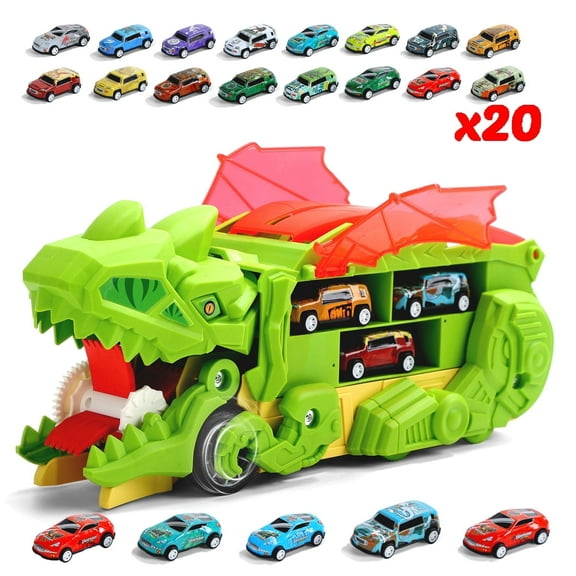 JoyStone 20-in-1 Dinosaur Transport Truck with Cars, City Hauler Vehicle Playset, Dino Toy Gift for Kids Ages 3 