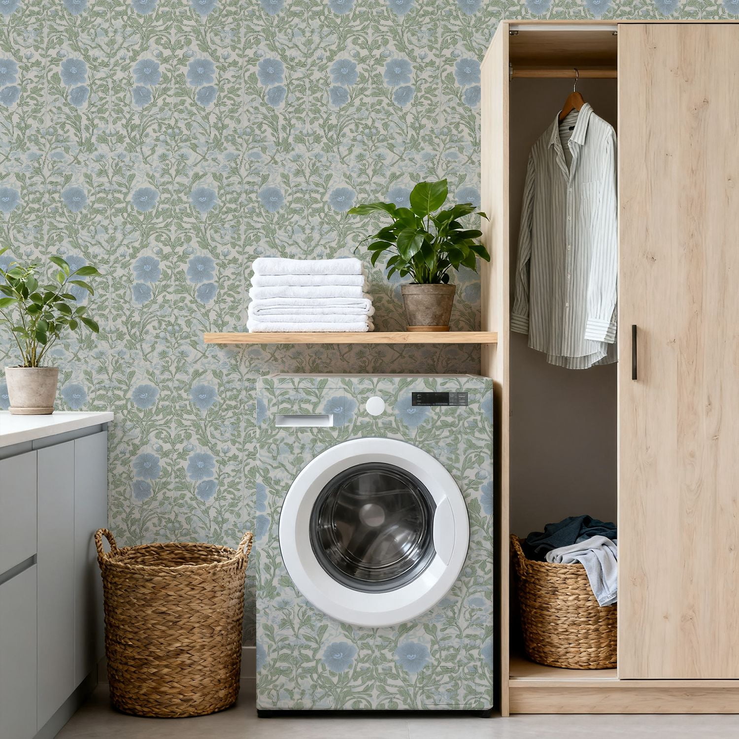 Peel and Stick Wallpaper Delicate Blue Floral Green Leaves Soft Beige Wall Mural 17.7in x 9.8ft Self Adhesive Removable Wall Paper Renter Friendly Wallpaper for Nursery Bedroom Cabinets