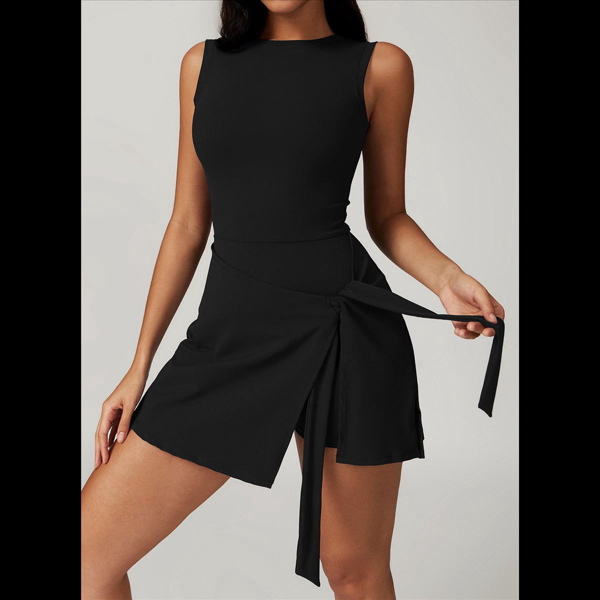 Womens High Neck Tennis Dress Sleeveless Wrap Skirt Built in Shorts Golf Athletic Dress Workout Rompers Advanced Black L