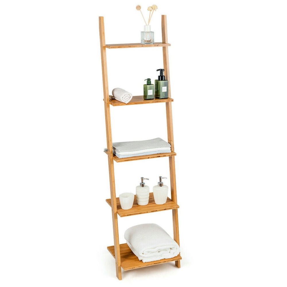 Demi Bonn 5-Tier Modern Bamboo Bookshelf, Wall-Leaning Display Ladder Storage Stand Rack, Beige