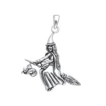 Witch Broom Cat Pagan Wicca 925 Sterling Silver Pendant Halloween Magic Jewelry