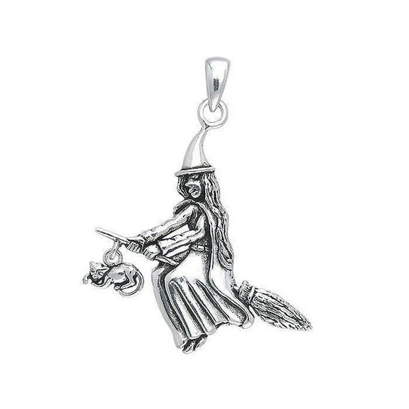 Witch Broom Cat Pagan Wicca 925 Sterling Silver Pendant Halloween Magic Jewelry