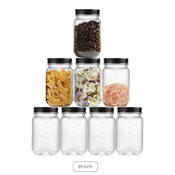 Novelinks 16 oz Airtight Jars with Black Lids Plastic Food Storage Canister Clear Kitchen Jar Containers for Candy, Cookie, Rice, Coffee Beans, Snacks, Spices,8 Pack
