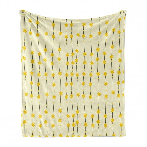 Flower Soft Flannel Fleece Throw Blanket, Tiny Daffodils and Bead Forms Situated at Wavy Vertical Lines, Cozy Plush for Indoor and Outdoor Use, 50" x 70", Champagne Yellow, by Ambesonne