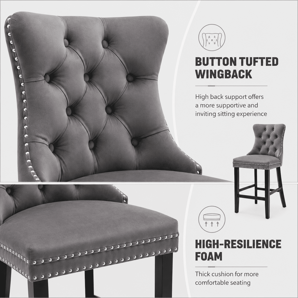 Bar Stools Set of 2, LEGAHOME Velvet Counter Height Bar Stools with Back, Button Tufted Upholstered Kitchen Island Chairs with Nailhead Trim, Solid Wood Legs, Footrest, Gray